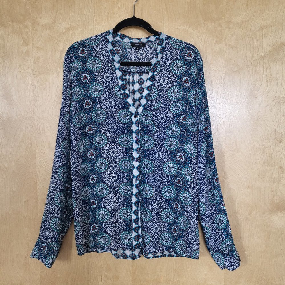 Silky Lightweight Crepe Boho Blouse Blue/Red Size Large